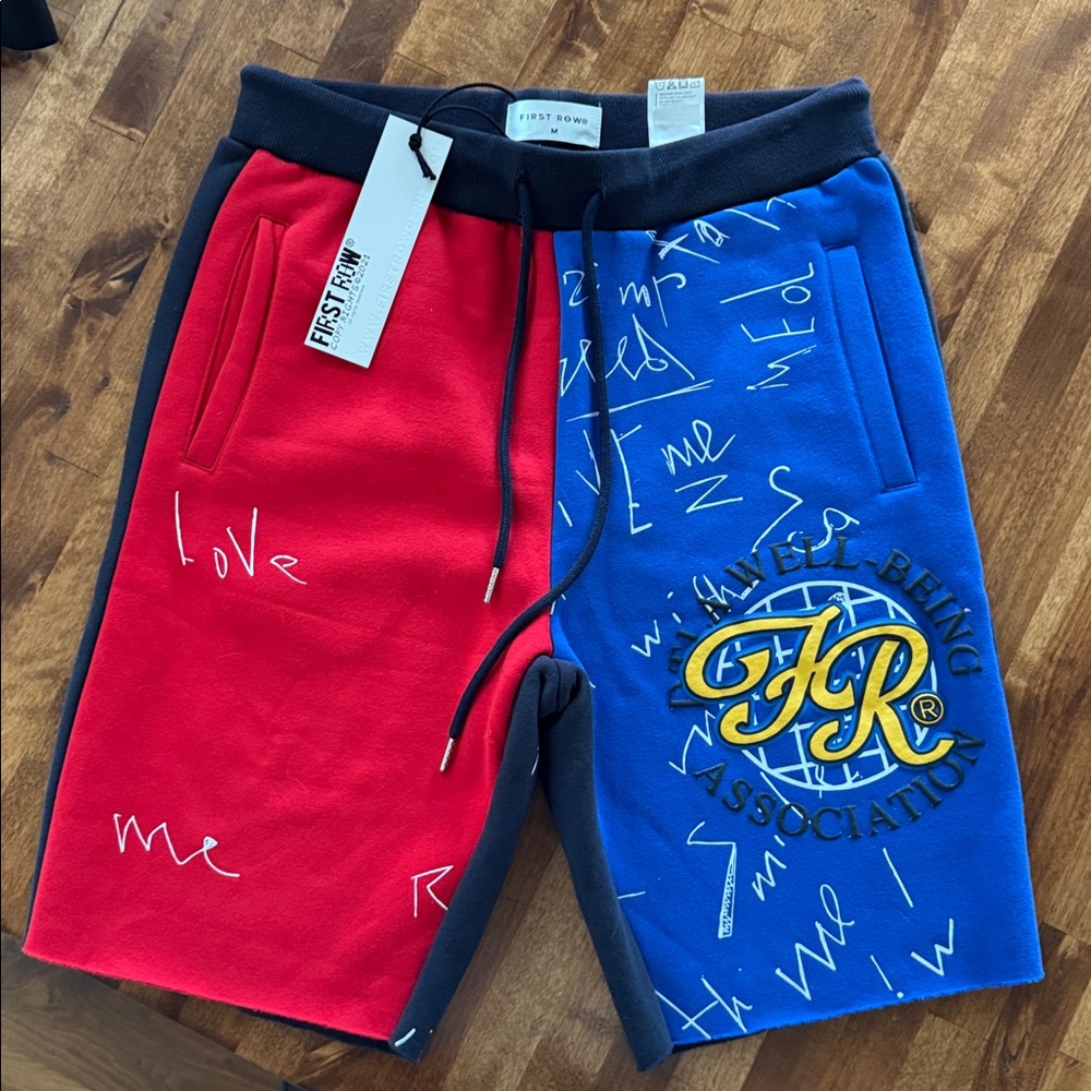 First Row Men’s  Red and Blue Shorts with graffiti